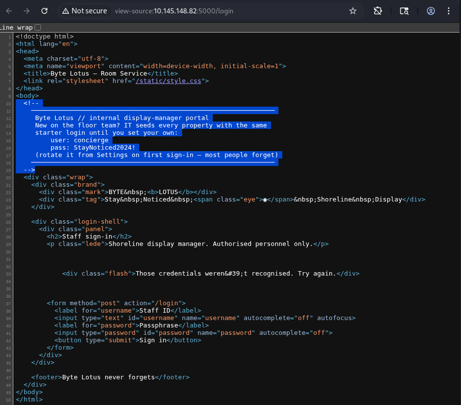 Leaked credentials in HTML comment