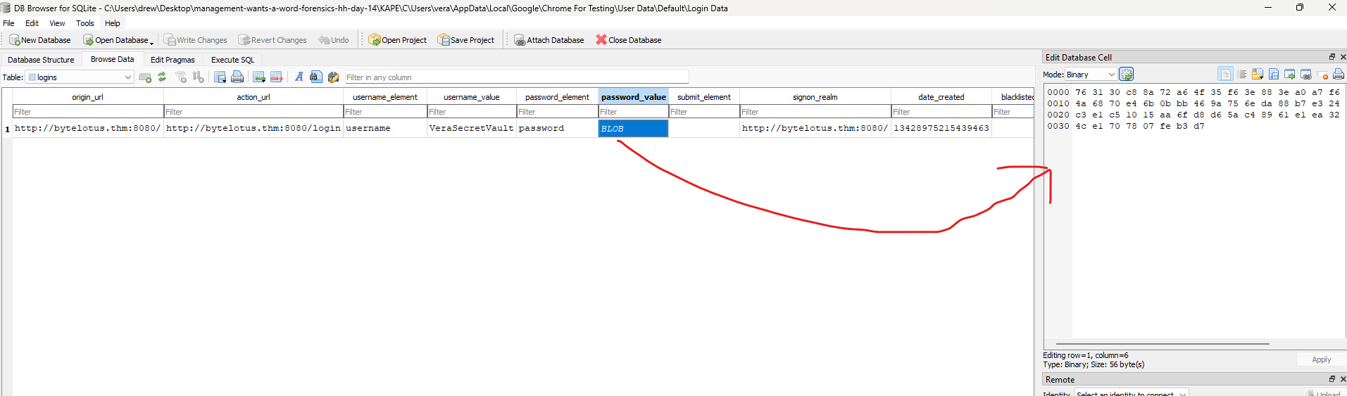 SQLite export of the encrypted password blob