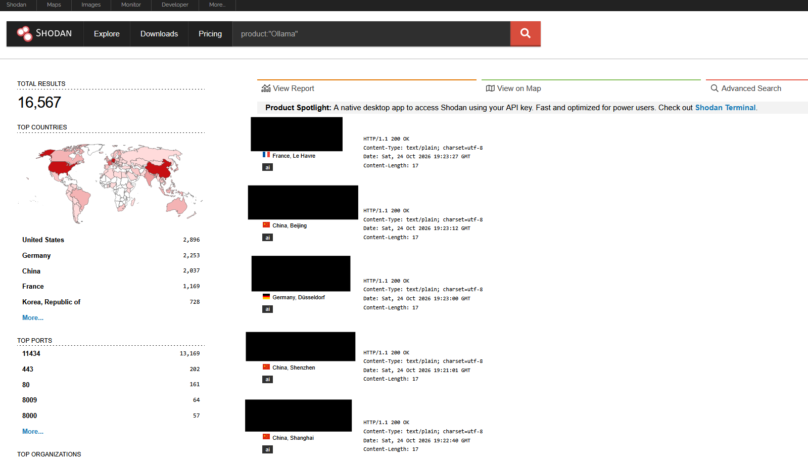 Shodan results for product Ollama