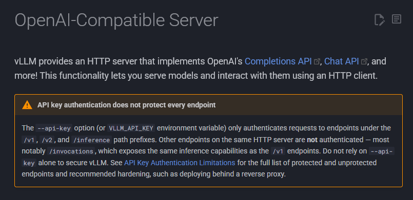 vLLM security documentation on unauthenticated endpoints